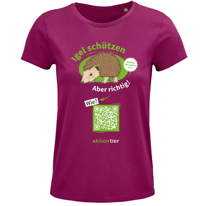 Damen Rundhals T-Shirt – Motiv "Igel schützen – Aber richtig" – Farbe: "Fuchsia"