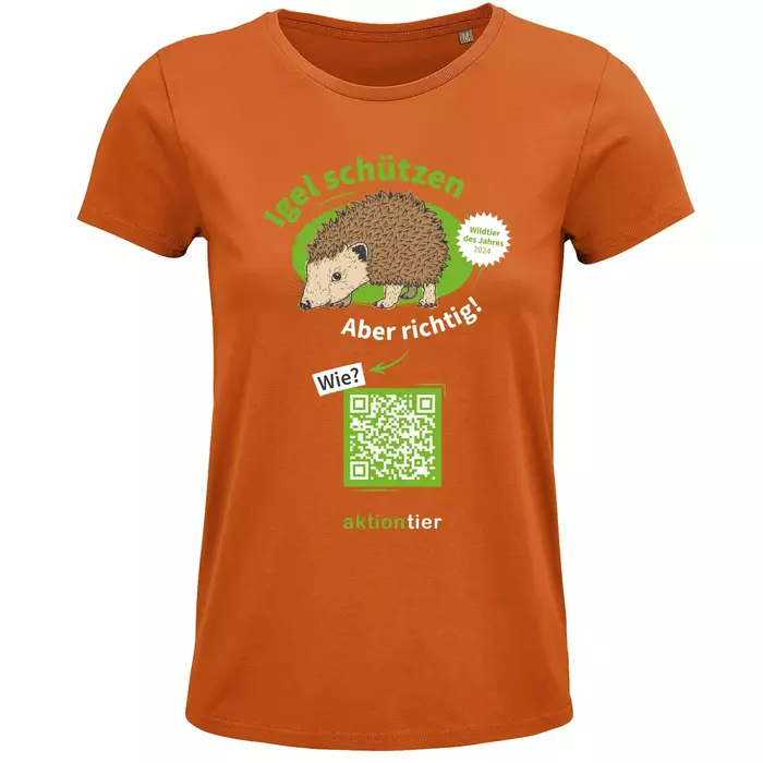 Damen Rundhals T-Shirt – Motiv "Igel schützen – Aber richtig" – Farbe: "Orange"