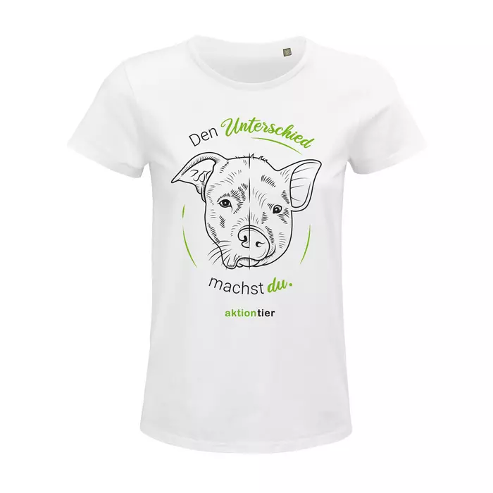 Damen Rundhals T-Shirt – Motiv "Den Unterschied machst du" – Farbe "Weiss" (102) + Grüne Schrift
