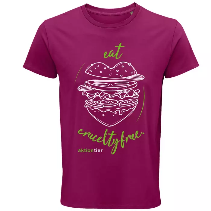 Herren Rundhals T-Shirt – Motiv "Eat Crueltyfree" – Farbe "Fuchsia" (140)