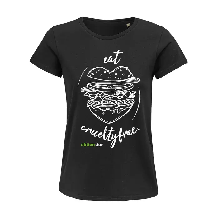 Damen Rundhals T-Shirt – Motiv "Eat Crueltyfree" – Farbe "Deep Black" (309) mit weißer Schrift