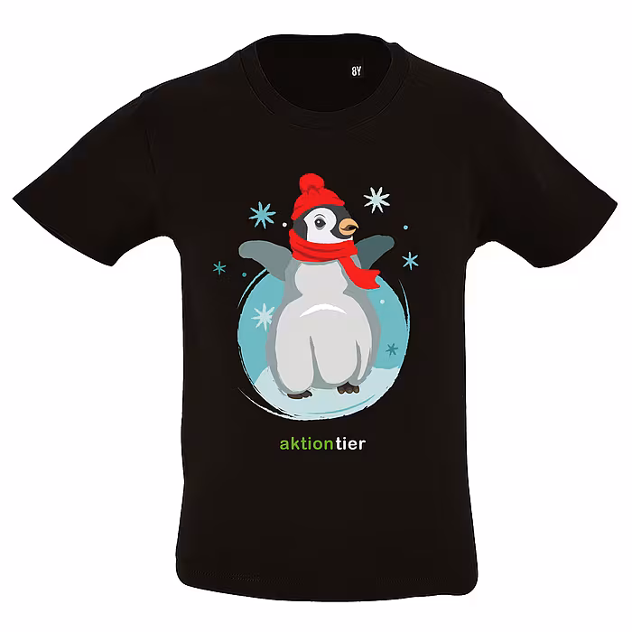 Kinder Rundhals T-Shirt - Motiv "Winterpinguin", Farbe: Deep Black