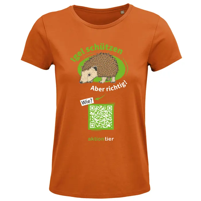 Damen Rundhals T-Shirt – Motiv "Igel schützen – Aber richtig" – Farbe: "Orange"