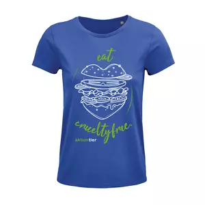 Damen Rundhals T-Shirt – Motiv "Eat Crueltyfree – Farbe "Royal Blue" (241) mit grüner Schrift