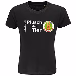 Kinder Rundhals T-Shirt - Motiv "Plüsch statt Tier", Farbe: Deep Black