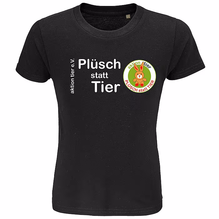 Kinder Rundhals T-Shirt - Motiv "Plüsch statt Tier", Farbe: Deep Black