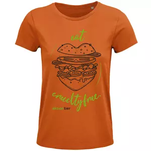 Damen Rundhals T-Shirt – Motiv "Eat Crueltyfree" – Farbe "Orange (400)