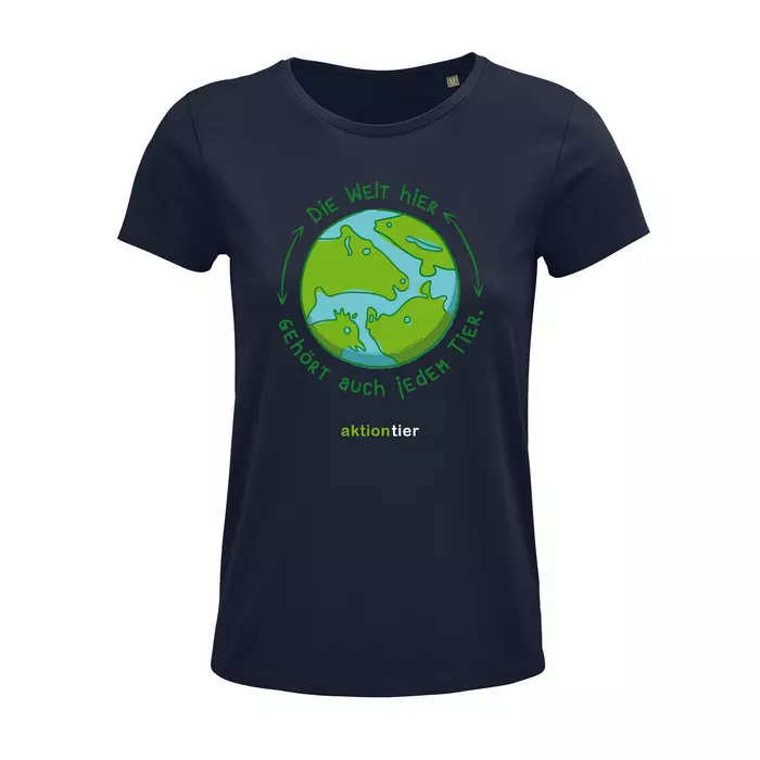 Damen Rundhals T-Shirt – Motiv "Weltkugel" – Farbe "French Navy" (319)