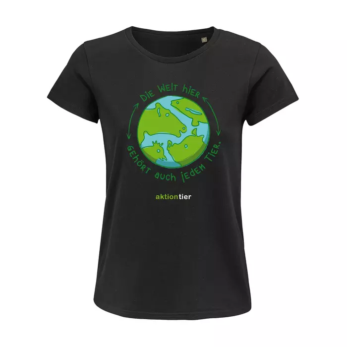 Damen Rundhals T-Shirt – Motiv "Weltkugel" – Farbe "Deep Black" (309)