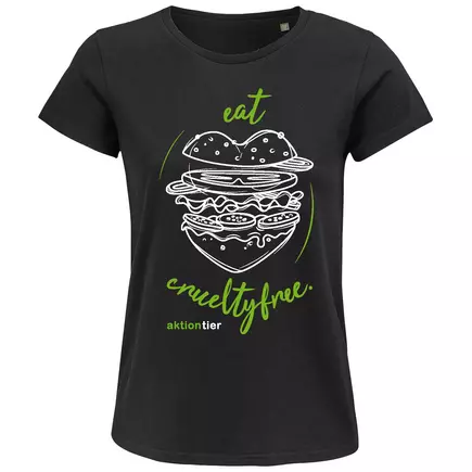 Damen Rundhals T-Shirt – Motiv "Eat Crueltyfree" – Farbe "Deep Black" (309) mit grüner Schrift
