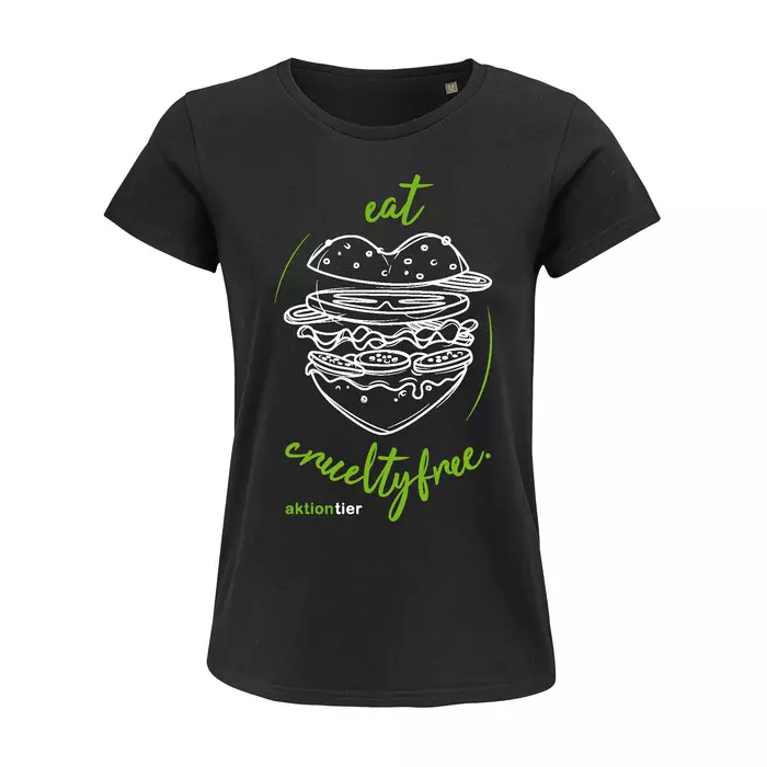 Damen Rundhals T-Shirt – Motiv "Eat Crueltyfree" – Farbe "Deep Black" (309) mit grüner Schrift