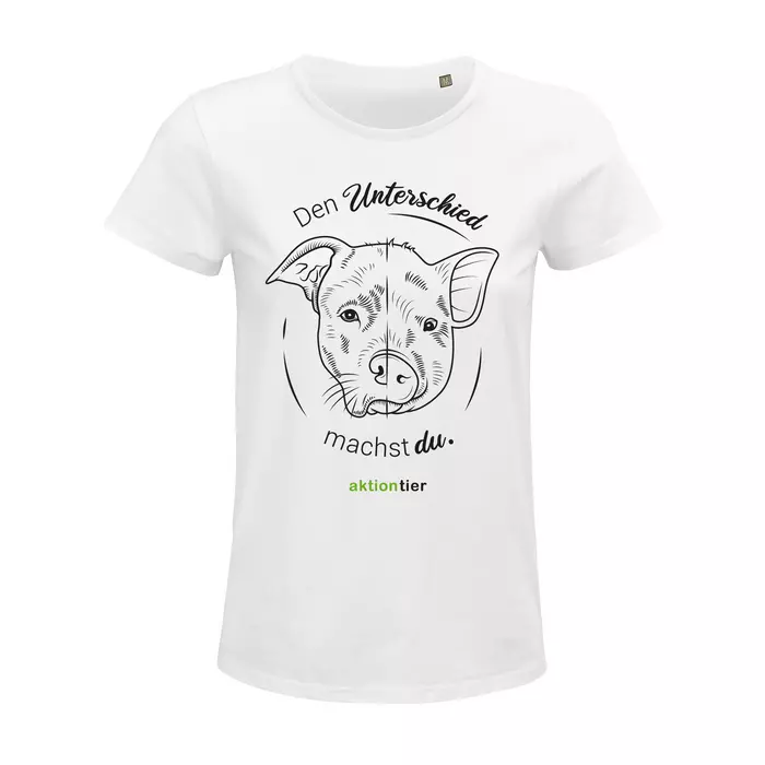 Damen Rundhals T-Shirt – Motiv "Eat Crueltyfree"  – Farbe Weiß (102) + schwarze Schrift