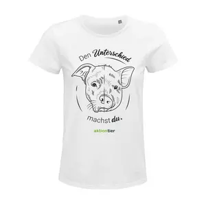 Damen Rundhals T-Shirt – Motiv "Eat Crueltyfree"  – Farbe Weiß (102) + schwarze Schrift