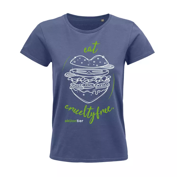 Damen Rundhals T-Shirt – Motiv "Eat Crueltyfree" – Farbe "Denim" (244) mit grüner Schrift 