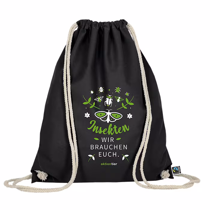 Turnbeutel – Motiv: Schmetterling "Insekten, wir brauchen euch" – Farbe: "Schwarz" Turnbeutel – Motiv: Schmetterling "Insekten, wir brauchen euch" – Farbe: "Schwarz"
