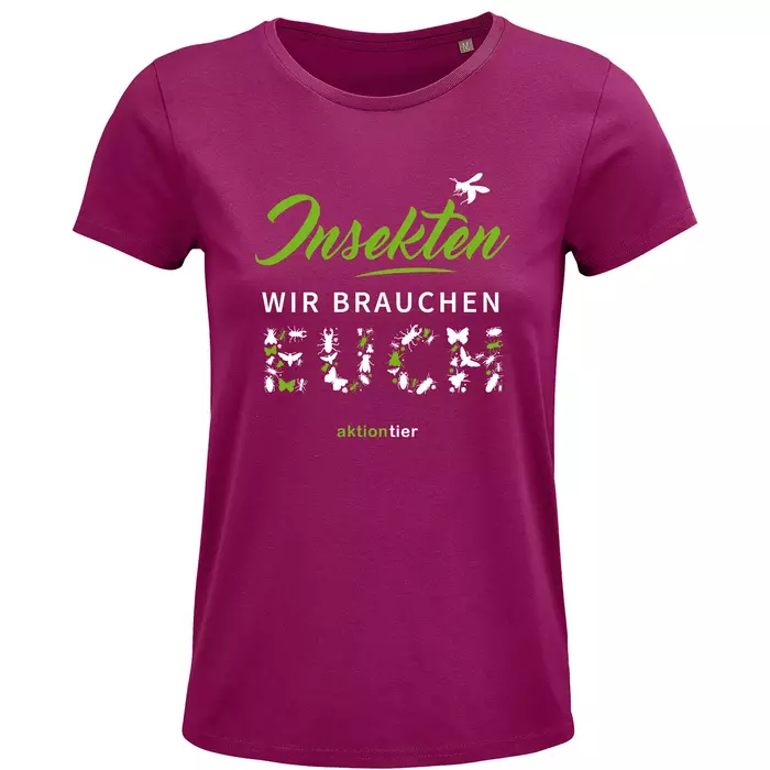 Damen Rundhals T-Shirt – Motiv "Insekten wir brauchen euch" – Farbe "Fuchsia" (140)