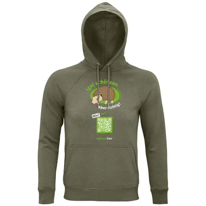 Sweatshirt mit Kapuze – Motiv "Igeln helfen aber richtig" – Farbe: "Khaki"