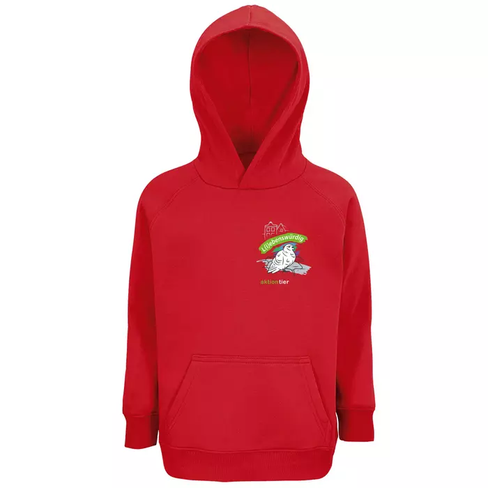 Kinder Sweatshirt mit Kapuze – Motiv "Taube" – Farbe: "rot-145"