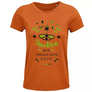 Damen Rundhals T-Shirt – Motiv "Insekten wir brauchen euch" – Farbe "Orange" (400)