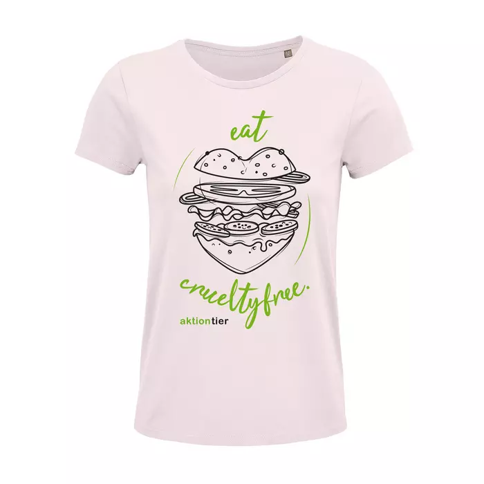 Damen Rundhals T-Shirt – Motiv "Eat Crueltyfree" – Farbe "Pale Pink" (141) mit grüner Schrift