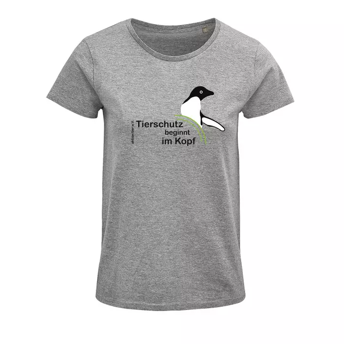 Damen Rundhals T-Shirt – Motiv "Tierschutz beginnt im Kopf" – Farbe "Grey Melange" (350)