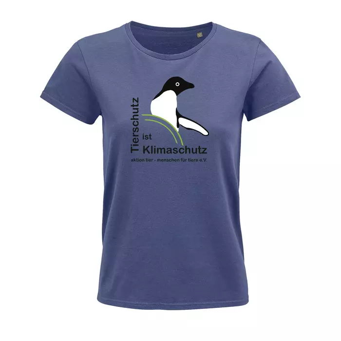 Damen Rundhals T-Shirt – Motiv "Tierschutz ist Klimaschutz" – Farbe "Denim" (244)