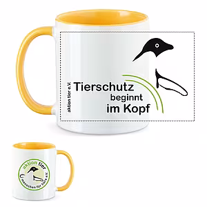 aktion tier Tasse – Motiv: "Tierschutz beginnt im Kopf" – Farbe: "Goldgelb"