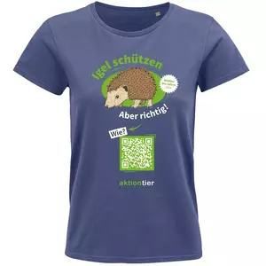 Damen Rundhals T-Shirt – Motiv "Igel schützen – Aber richtig" – Farbe: "Denim"