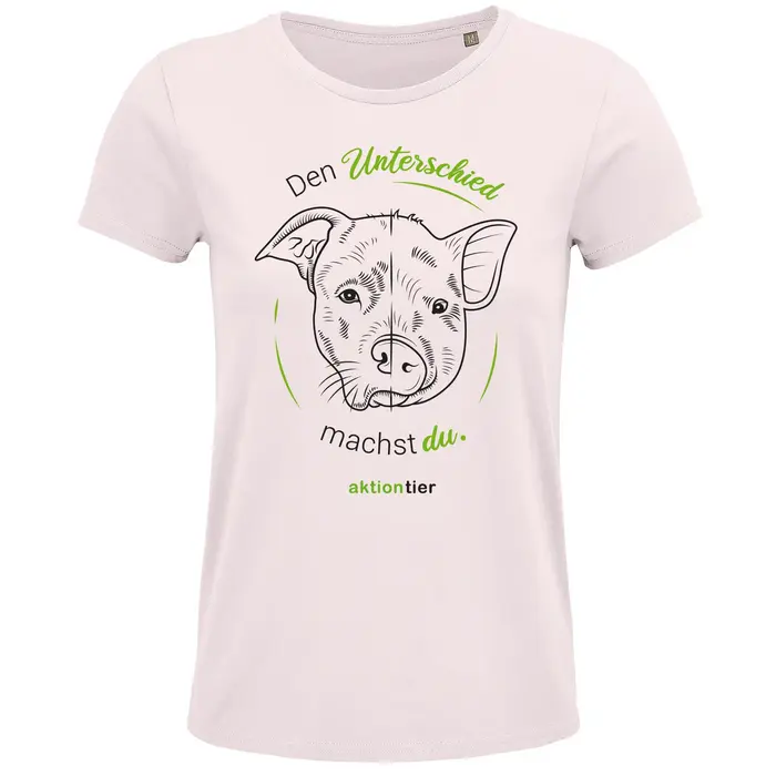 Damen Rundhals T-Shirt – Motiv "Den Unterschied machst du" – Farbe "Pale Pink" (141) + grüne Schrift