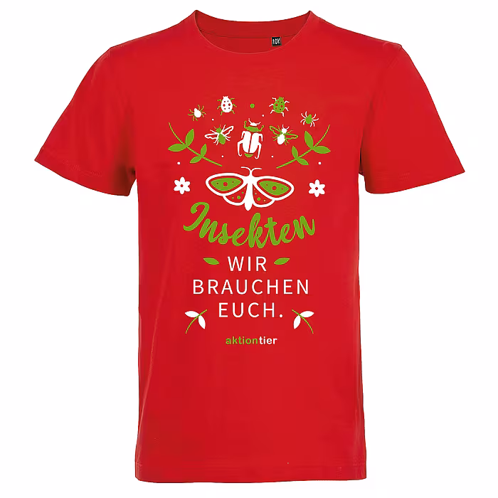 Kinder Rundhals T-Shirt - Motiv "Insekten, wir brauchen euch" Schmetterling, Farbe: Rot