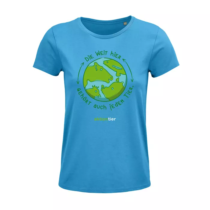 Damen Rundhals T-Shirt – Motiv "Weltkugel" – Farbe "Aqua" (321)