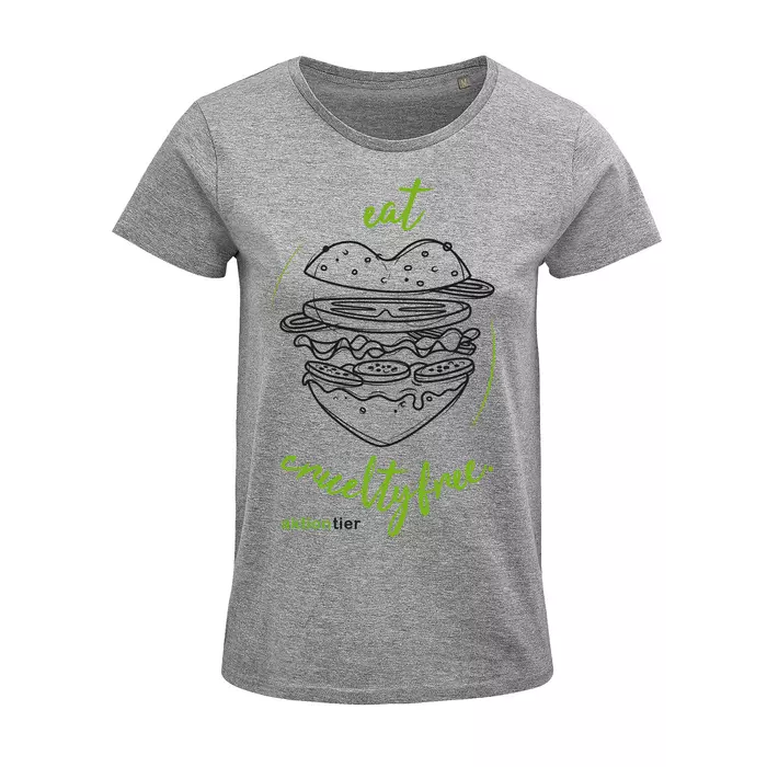 Damen Rundhals T-Shirt – Motiv "Eat Crueltyfree" – Farbe "Grey Melange" (350)