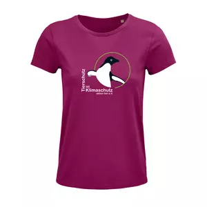 Damen Rundhals T-Shirt – Motiv "Tierschutz ist Klimaschutz" – Farbe "Fuchsia" (140)