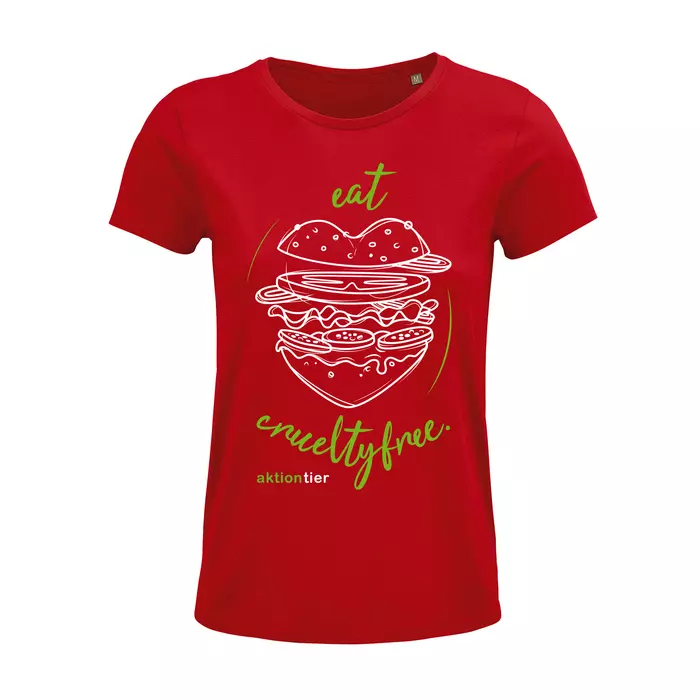 Damen Rundhals T-Shirt – Motiv "Eat Crueltyfree" – Farbe "Rot" (145) mit grüner Schrift