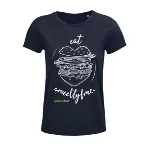 Damen Rundhals T-Shirt – Motiv "Eat Crueltyfree" – Farbe "French Navy" (319) mit weißer Schrift