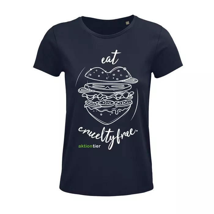 Damen Rundhals T-Shirt – Motiv "Eat Crueltyfree" – Farbe "French Navy" (319) mit weißer Schrift