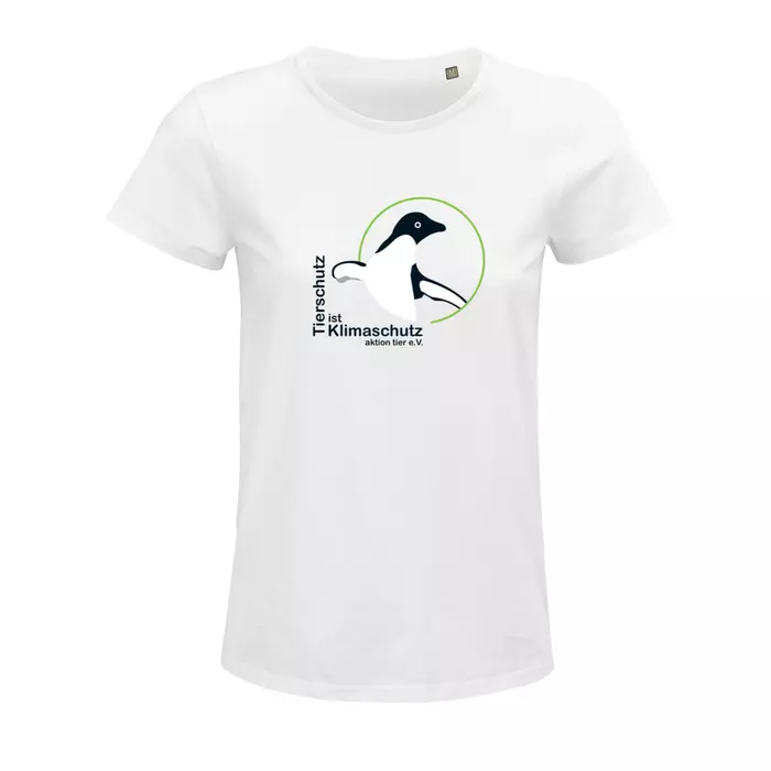 Damen Rundhals T-Shirt – Motiv "Tierschutz ist Klimaschutz" – Farbe "White" (102)