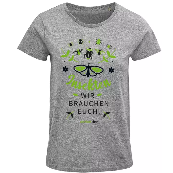 Damen Rundhals T-Shirt – Motiv "Insekten wir brauchen euch" – Farbe "Grey Melange" (350)