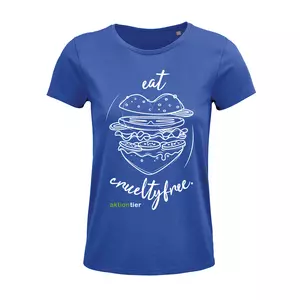 Damen Rundhals T-Shirt – Motiv "Eat Crueltyfree" – Farbe "Royal Blue" (241) mit weißer Schrift