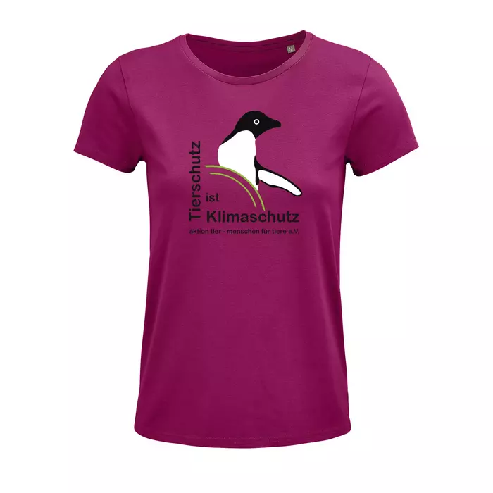 Damen Rundhals T-Shirt – Motiv "Tierschutz ist Klimaschutz" – Farbe: "Fuchsia" (140)