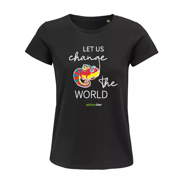 Damen Rundhals T-Shirt – Motiv "Chamäleon" – Farbe "Deep Black" (309)
