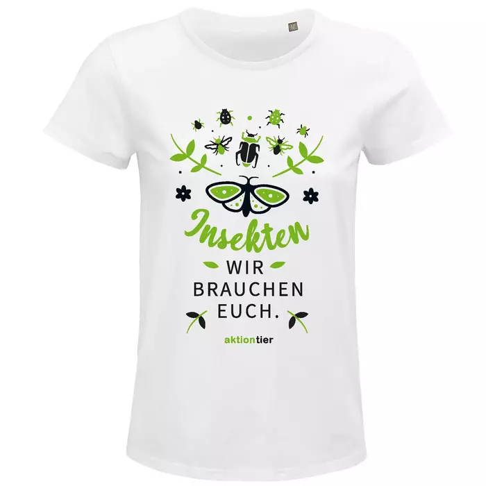 Damen Rundhals T-Shirt – Motiv "Insekten wir brauchen euch" – Farbe "White" (102)