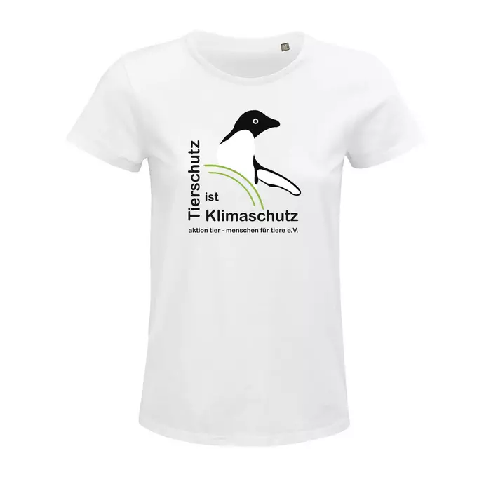 Damen Rundhals T-Shirt – Motiv "Tierschutz ist Klimaschutz" – Farbe "White" (102)