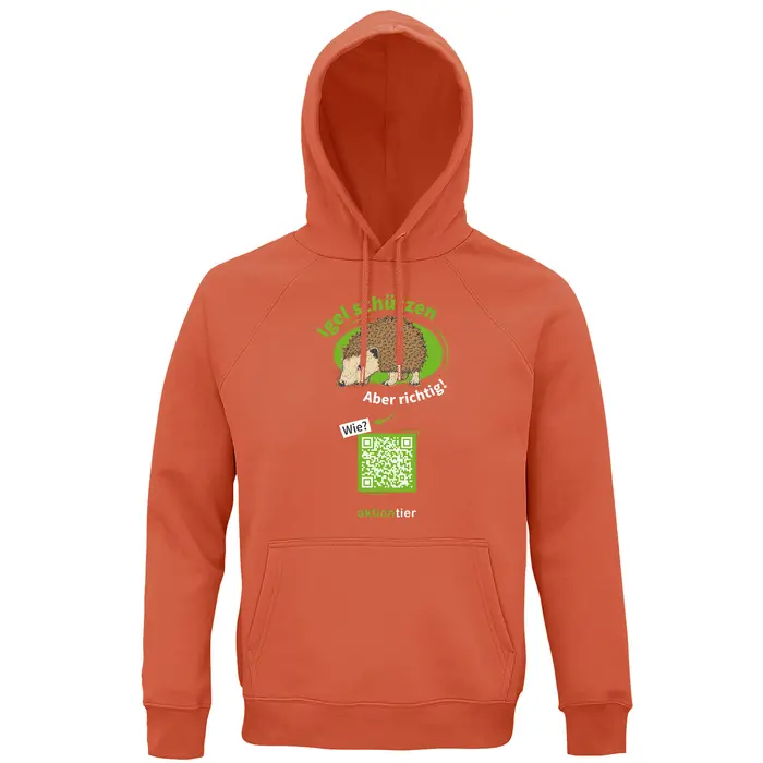 Sweatshirt mit Kapuze – Motiv "Igeln helfen aber richtig" – Farbe: "Burnt Orange"