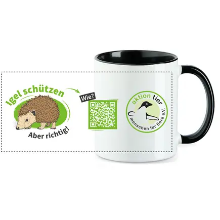 aktion tier Tasse – Motiv: "Igel schützen - Aber richtig" – Farbe: "Schwarz"