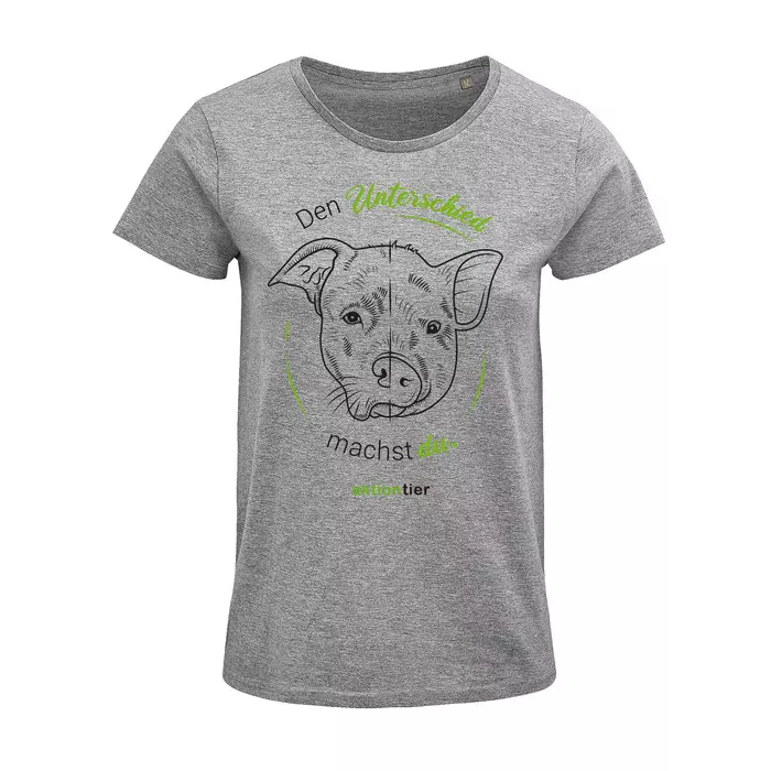 Damen Rundhals T-Shirt – Motiv "Eat Crueltyfree –Farbe "Grey Melange" (350) + grüne Schrift