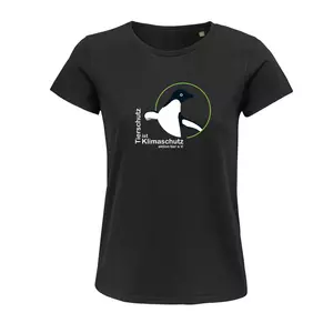 Damen Rundhals T-Shirt – Motiv "Tierschutz ist Klimaschutz" – Farbe "Deep Black" (309)