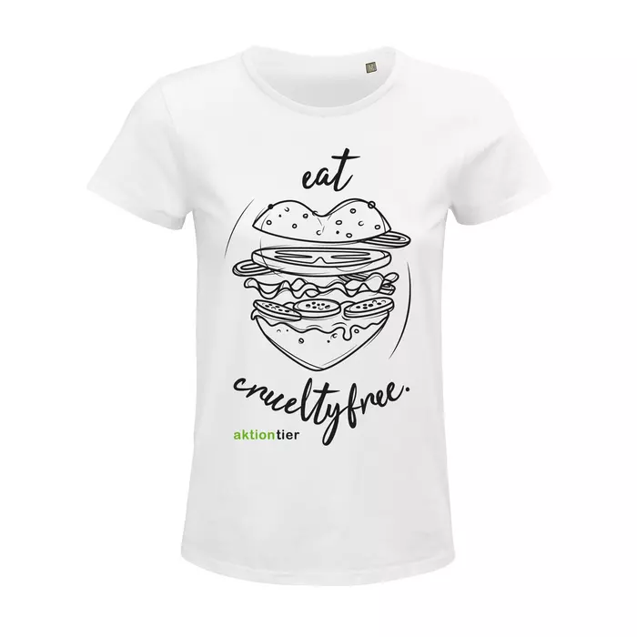 Damen Rundhals T-Shirt – Motiv "Eat Crueltyfree – Farbe "White" (102) mit schwarzer Schrift