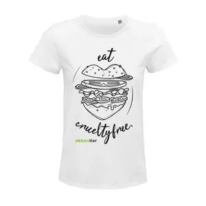 Damen Rundhals T-Shirt – Motiv "Eat Crueltyfree – Farbe "White" (102) mit schwarzer Schrift