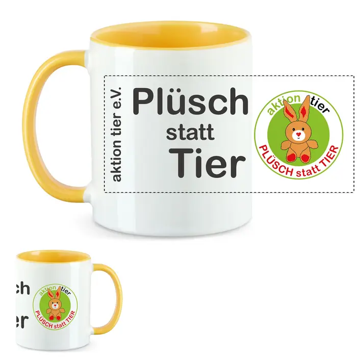 aktion tier Tasse – Motiv: "Plüsch statt Tier" – Farbe: "Goldgelb"